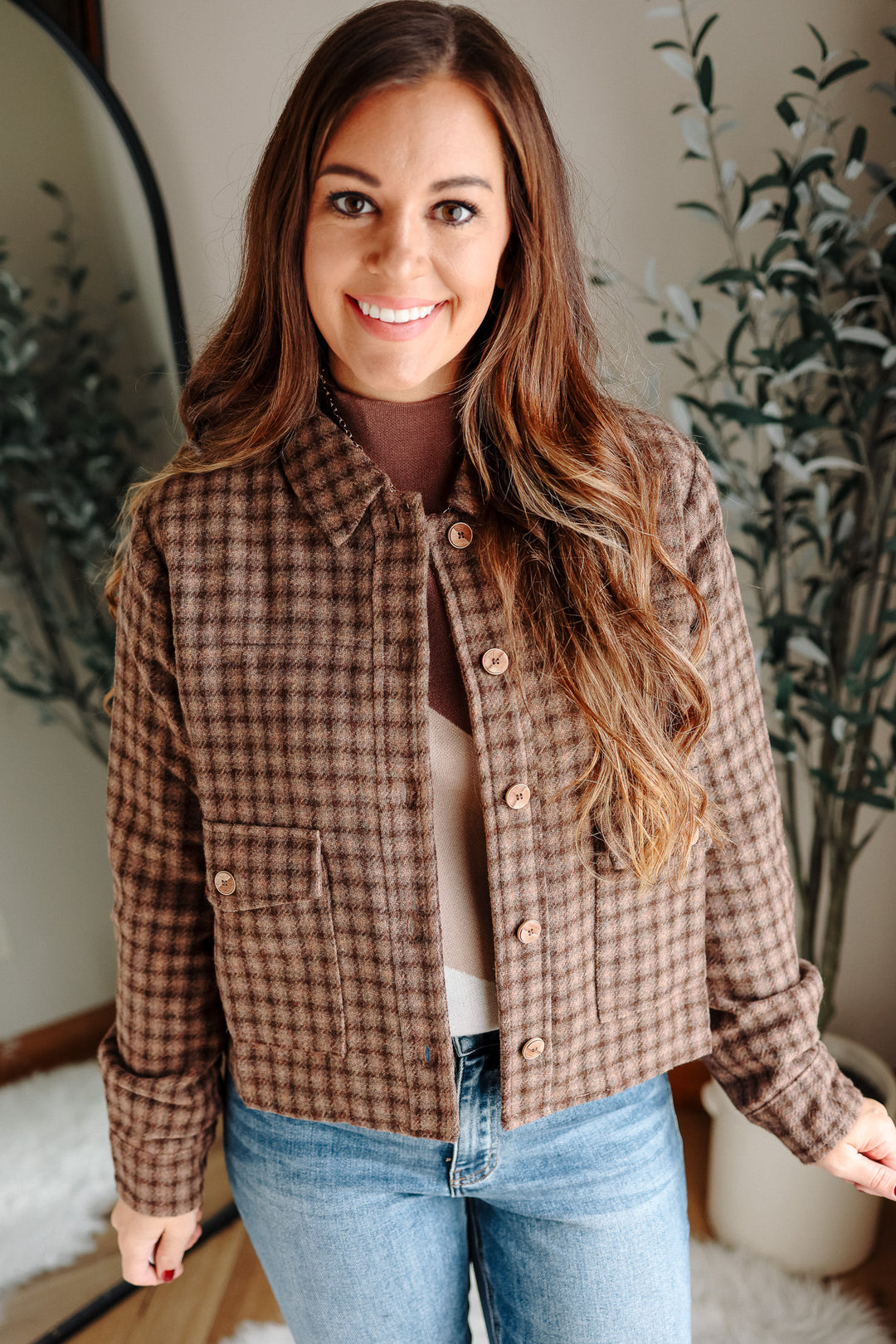 Clare Plaid Crop Jacket - Brown
