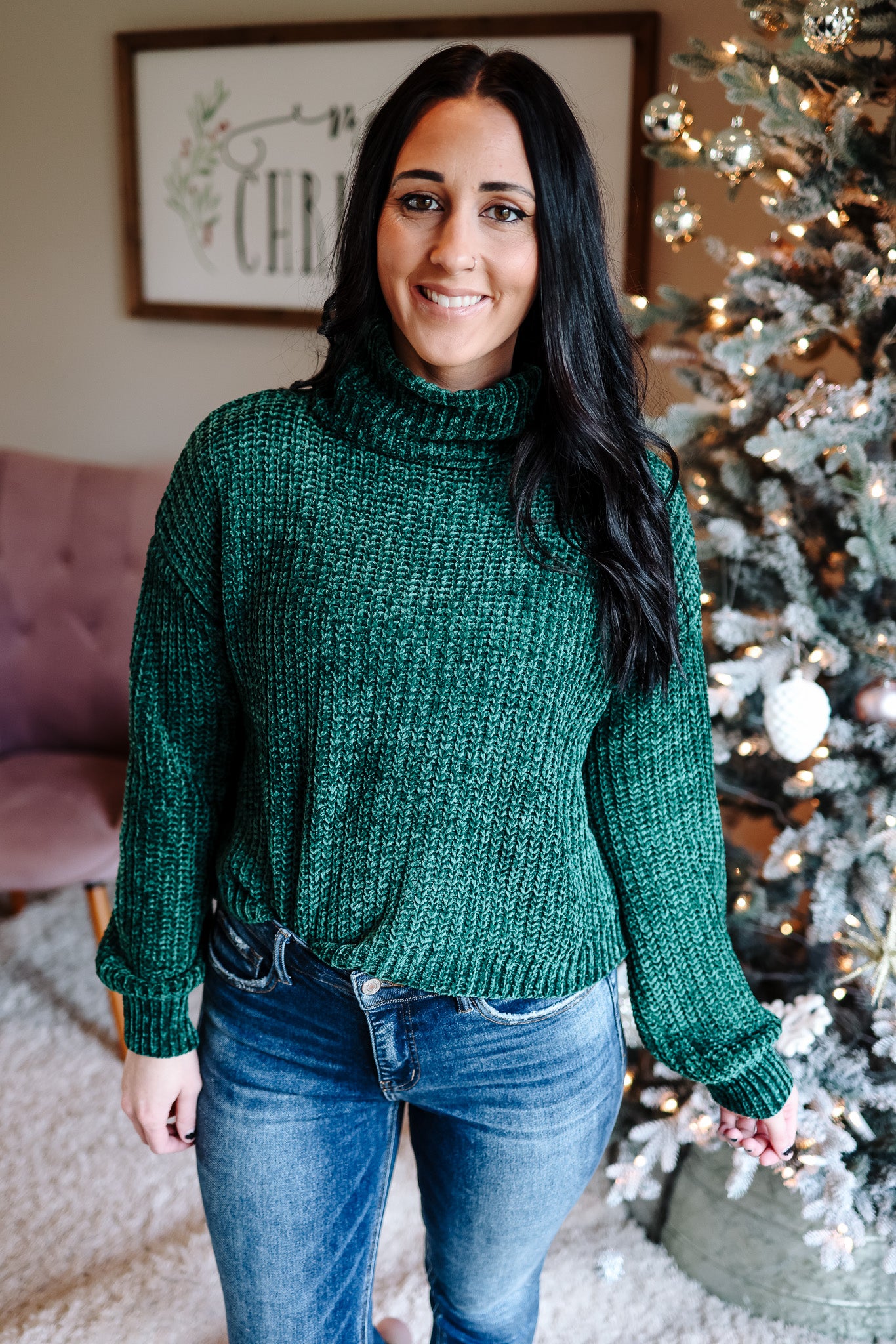 Lara Chenille Turtleneck Sweater - Dark Green