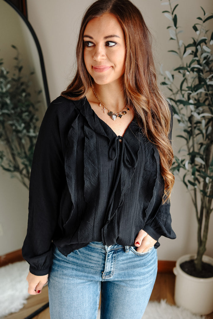 Elena V-Neck Ruffle Blouse - Black