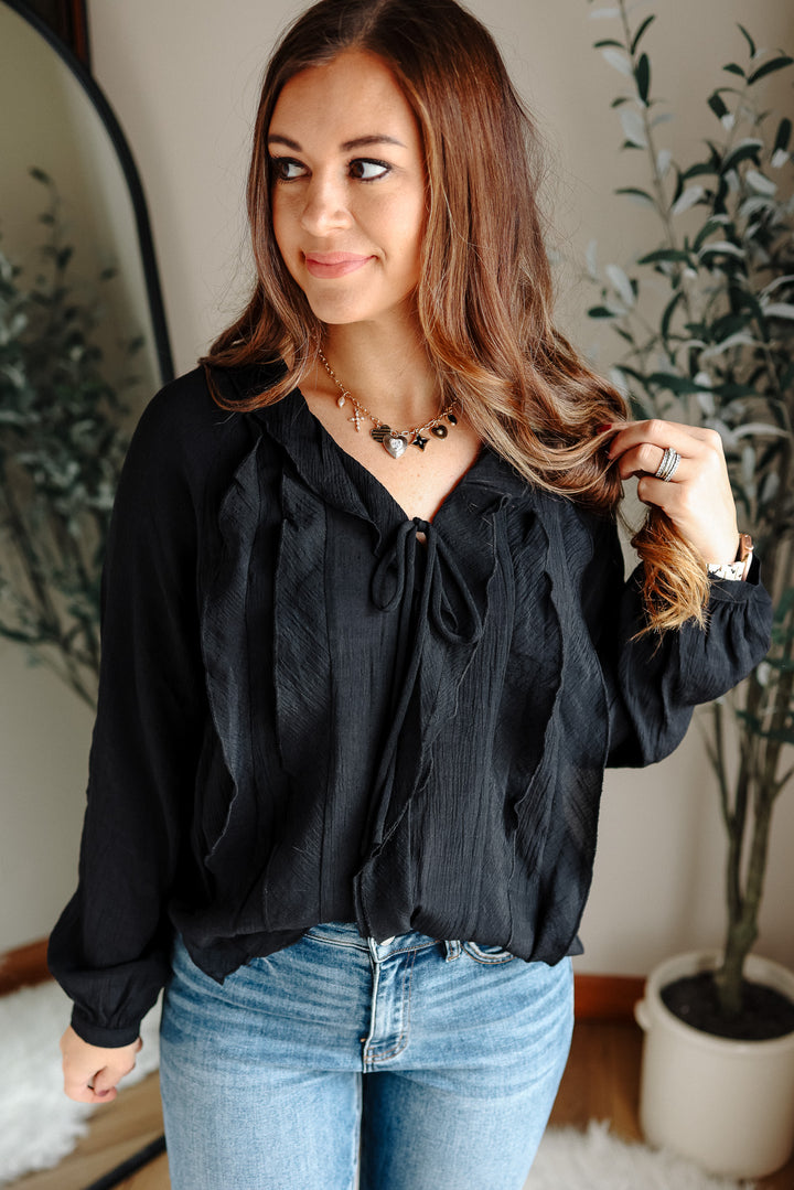 Elena V-Neck Ruffle Blouse - Black