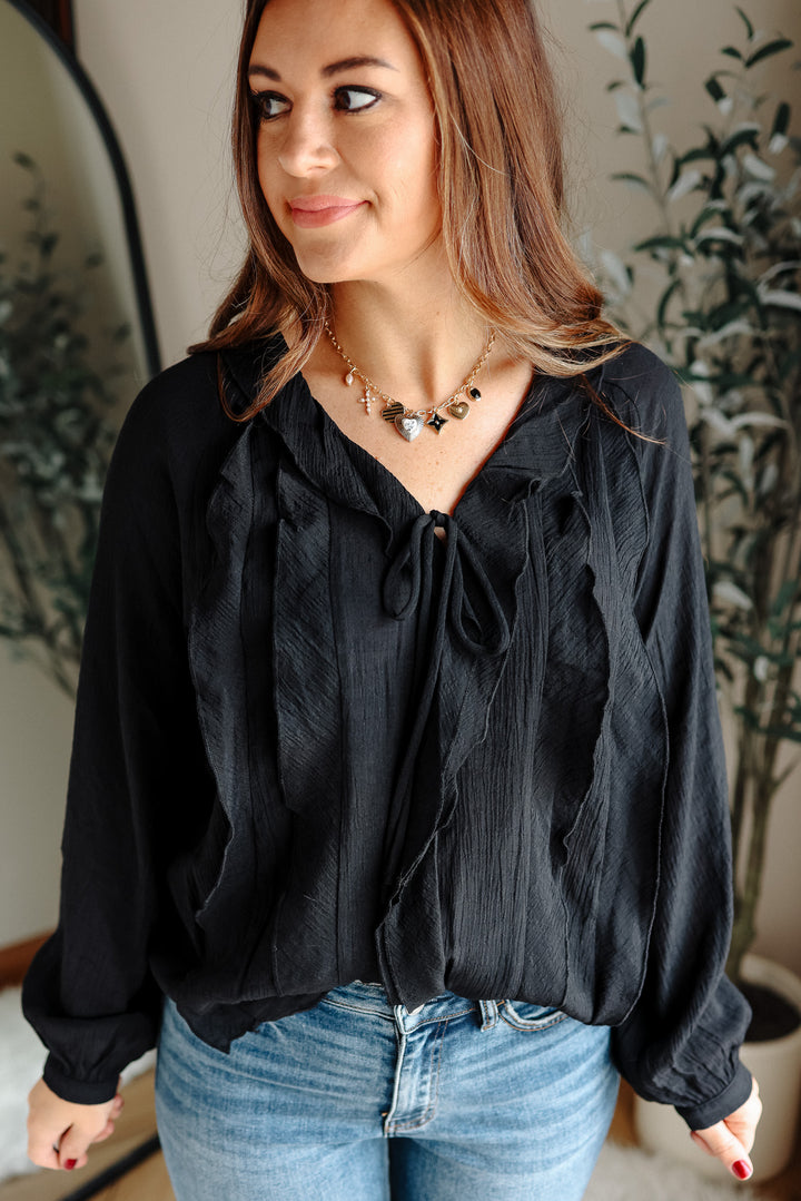 Elena V-Neck Ruffle Blouse - Black