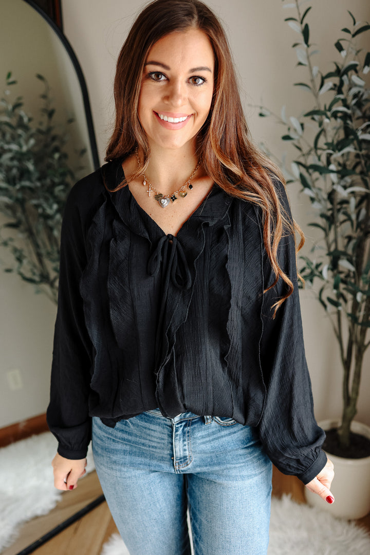 Elena V-Neck Ruffle Blouse - Black