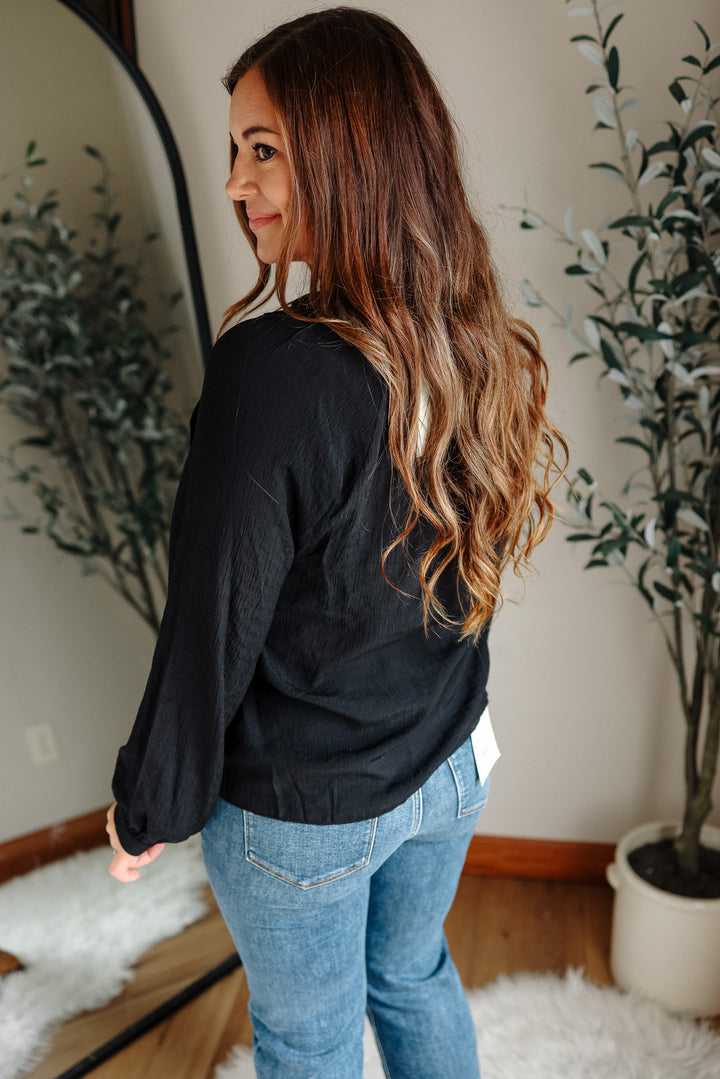 Elena V-Neck Ruffle Blouse - Black