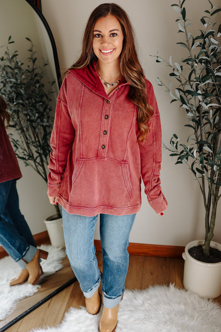 Elowyn Washed Tunic Hooded Top - Burgundy