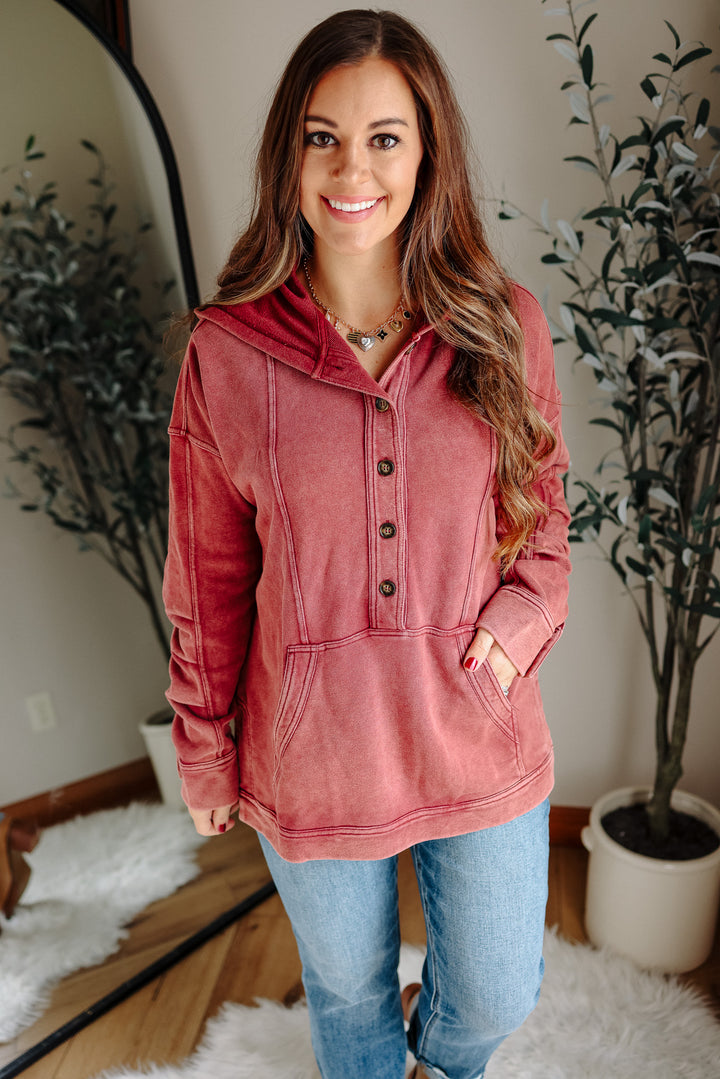 Elowyn Washed Tunic Hooded Top - Burgundy