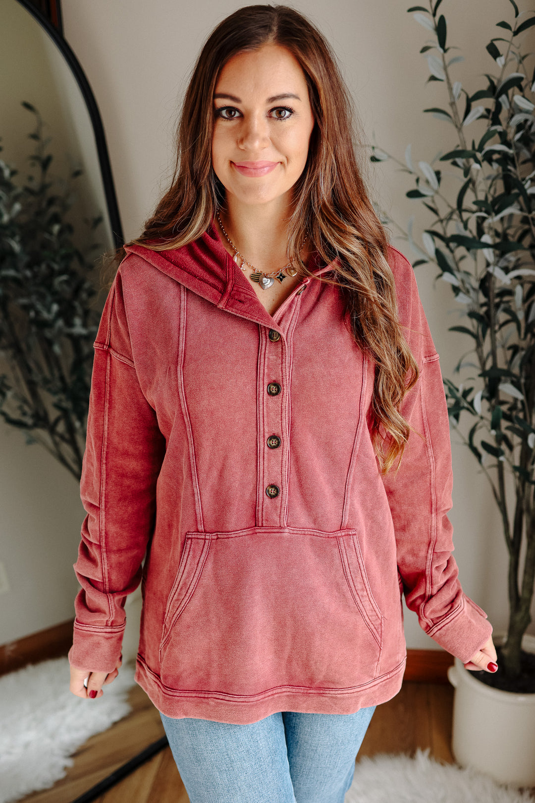 Elowyn Washed Tunic Hooded Top - Burgundy