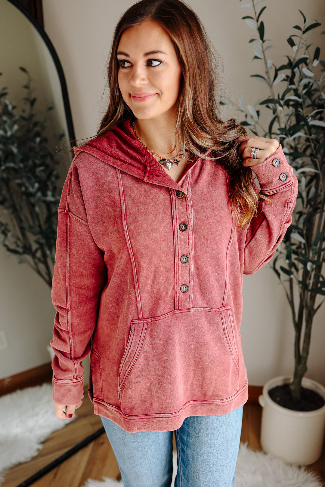 Elowyn Washed Tunic Hooded Top - Burgundy