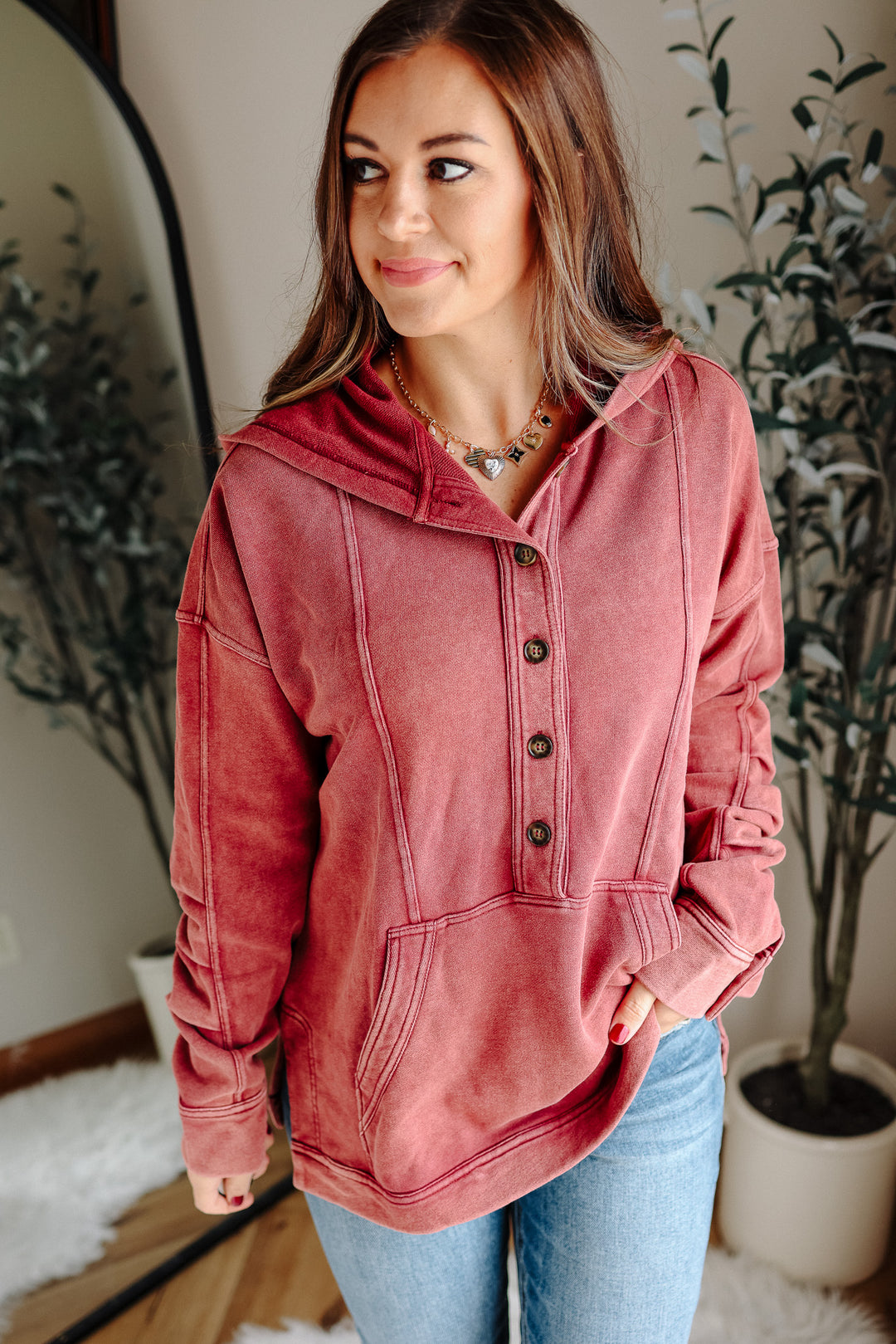 Elowyn Washed Tunic Hooded Top - Burgundy