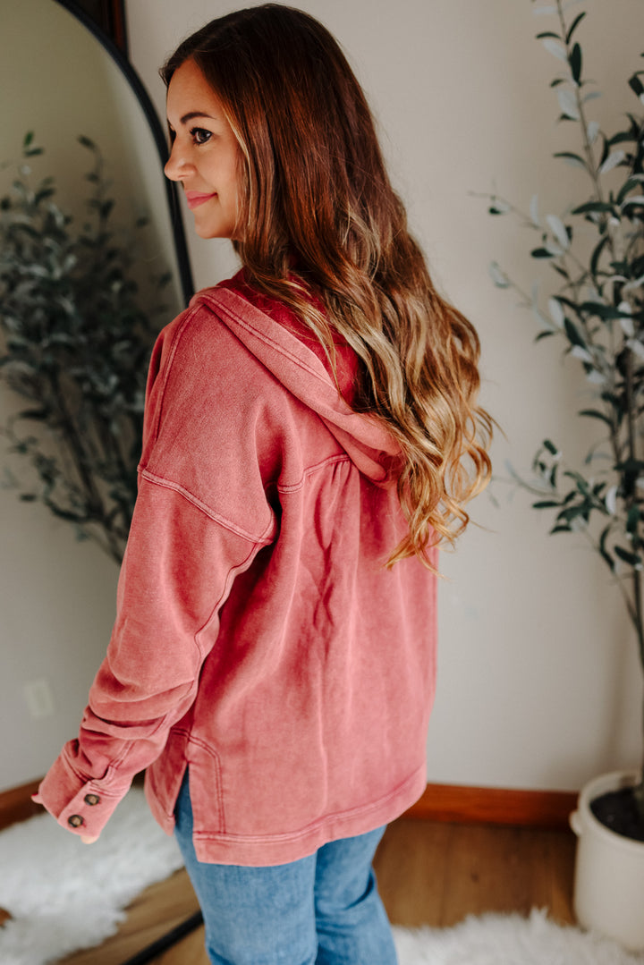 Elowyn Washed Tunic Hooded Top - Burgundy