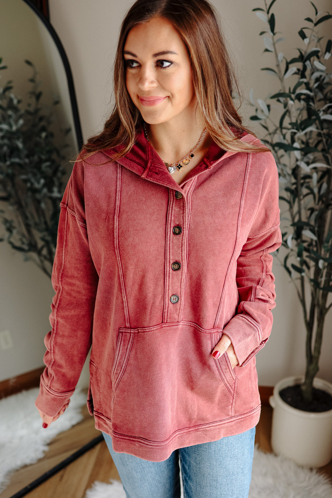 Elowyn Washed Tunic Hooded Top - Burgundy