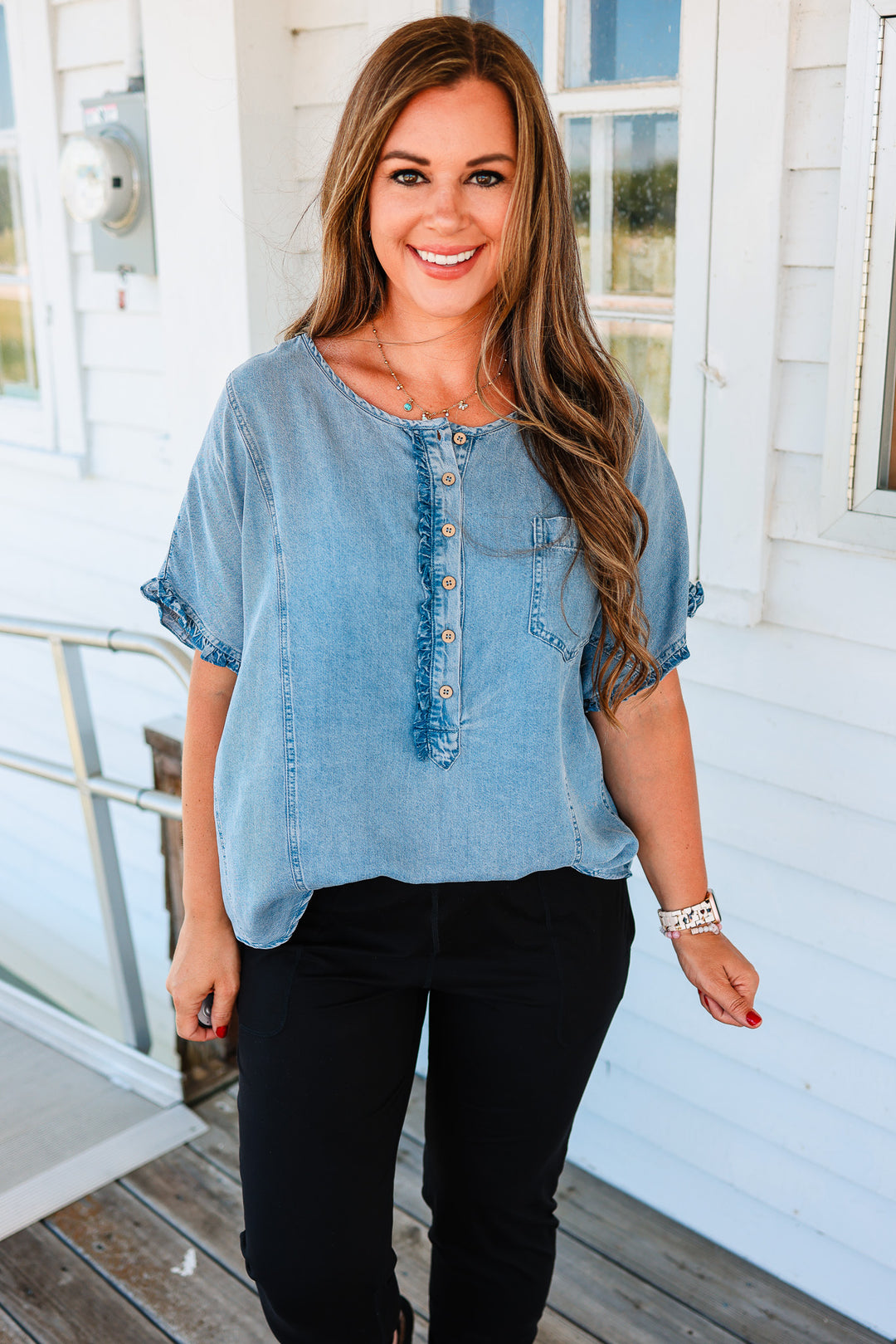 Dakota Placket Dolman Sleeve Denim Top