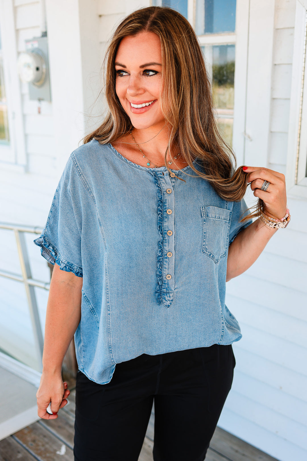 Dakota Placket Dolman Sleeve Denim Top
