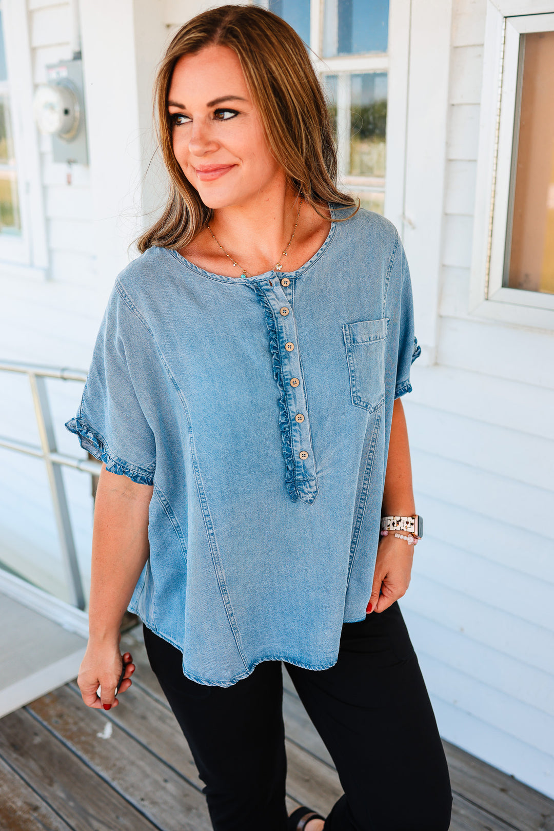 Dakota Placket Dolman Sleeve Denim Top