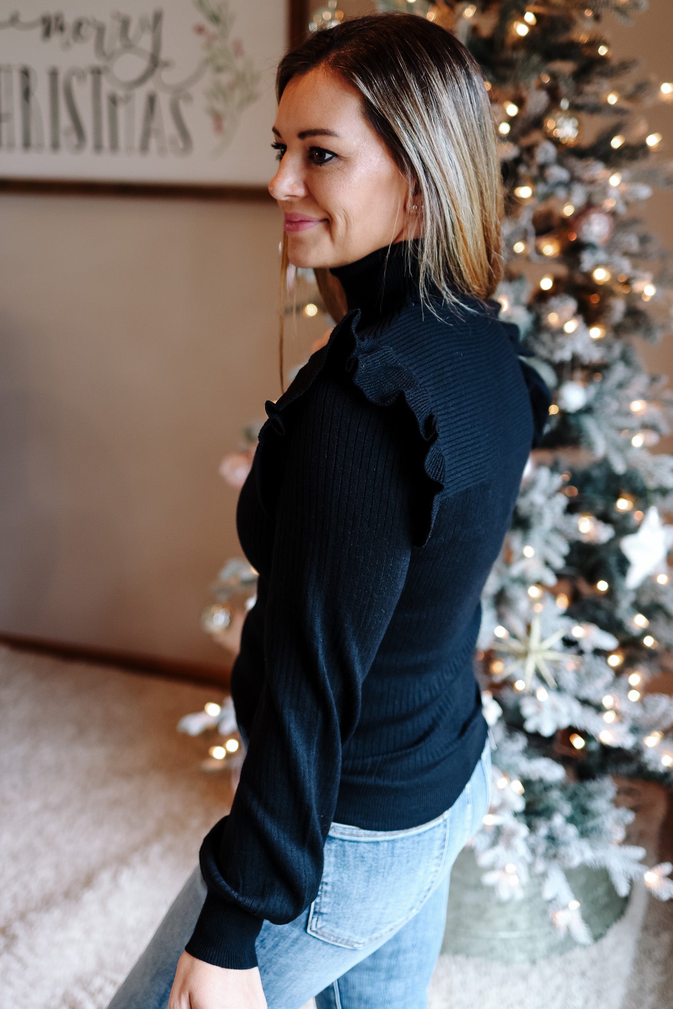 Vera Ruffled Shoulder Sweater - Black