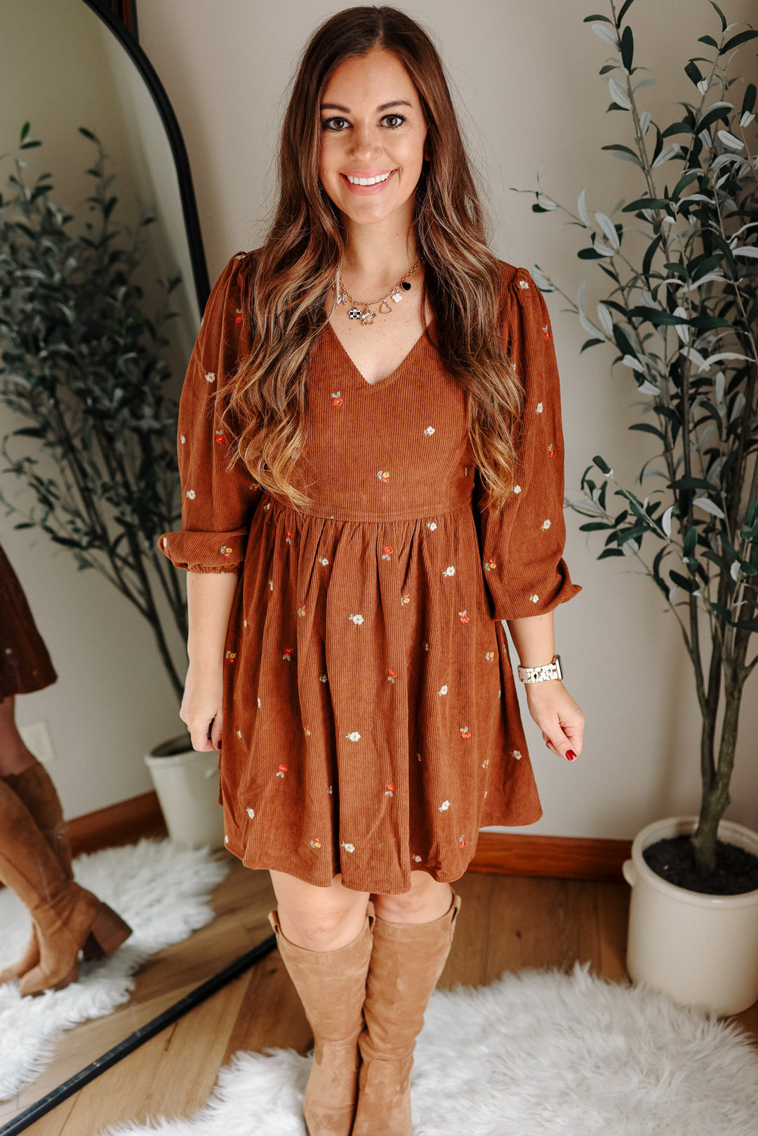 Ivy Embroidered Corduroy Dress - Mocha