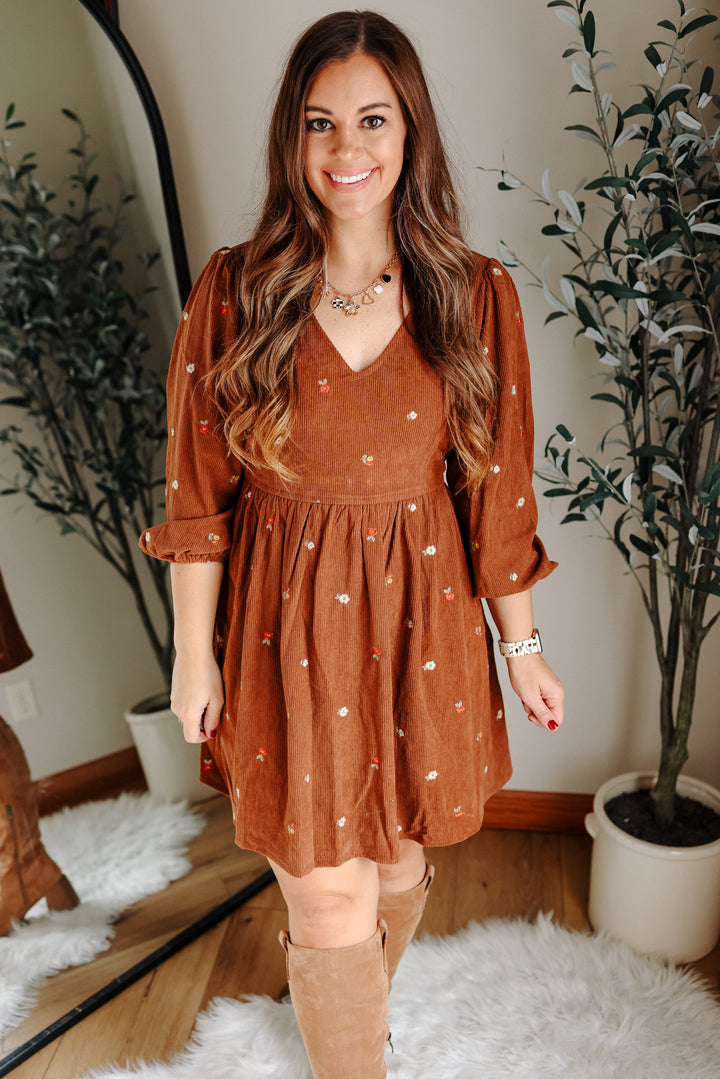 Ivy Embroidered Corduroy Dress - Mocha