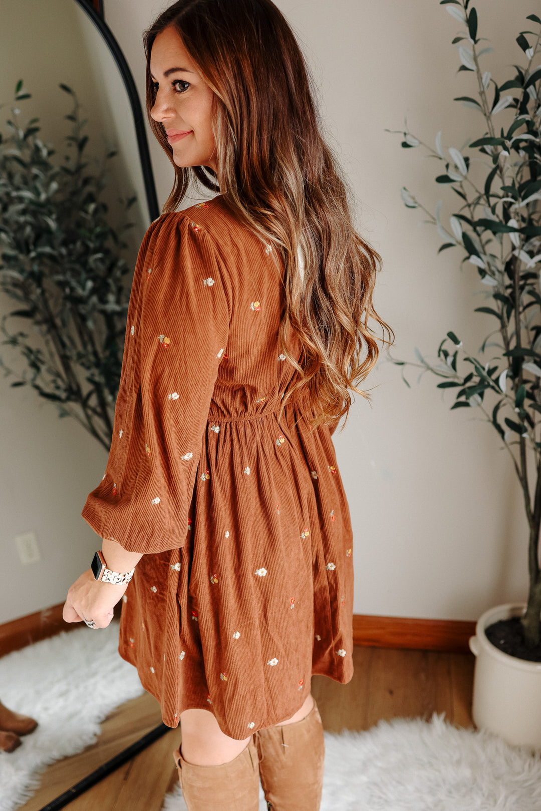 Ivy Embroidered Corduroy Dress - Mocha