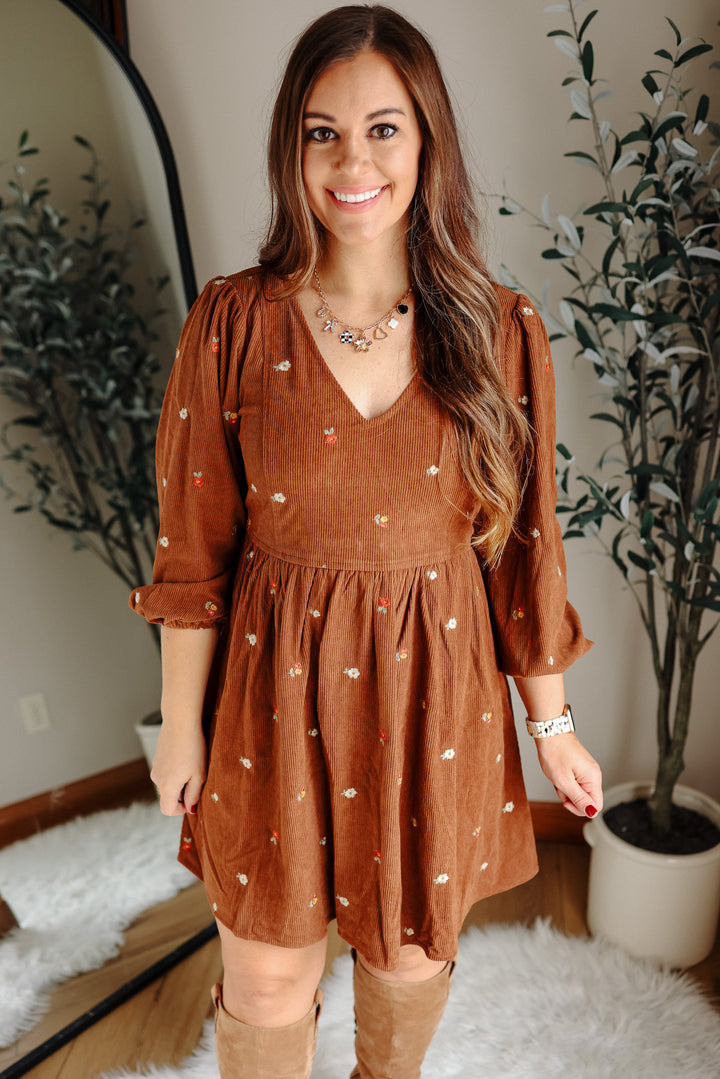 Ivy Embroidered Corduroy Dress - Mocha
