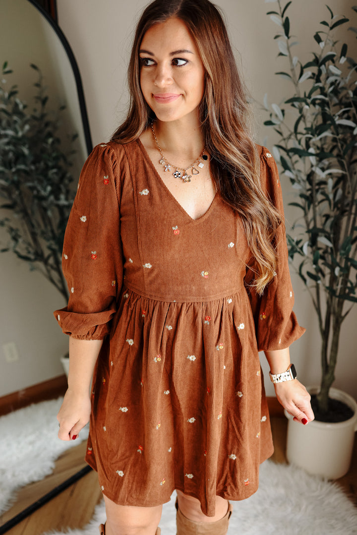 Ivy Embroidered Corduroy Dress - Mocha