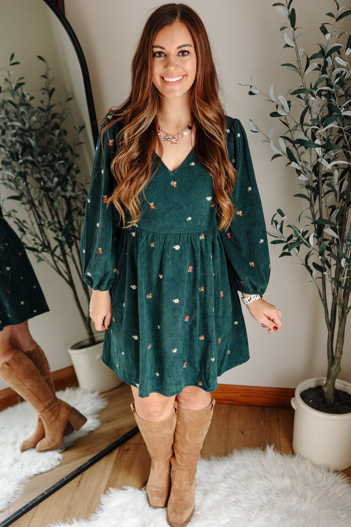 Ivy Embroidered Corduroy Dress - Hunter Green