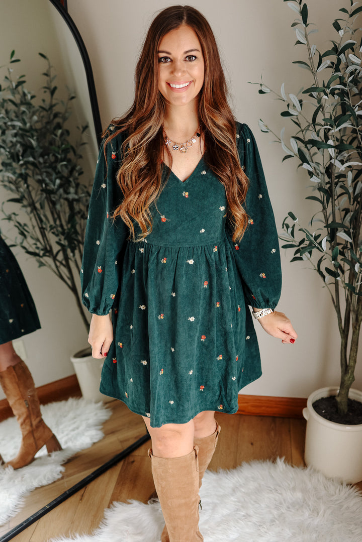 Ivy Embroidered Corduroy Dress - Hunter Green