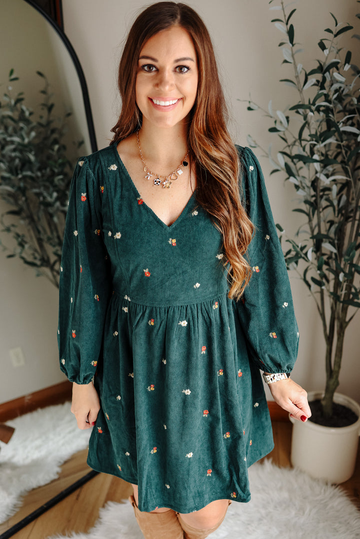 Ivy Embroidered Corduroy Dress - Hunter Green