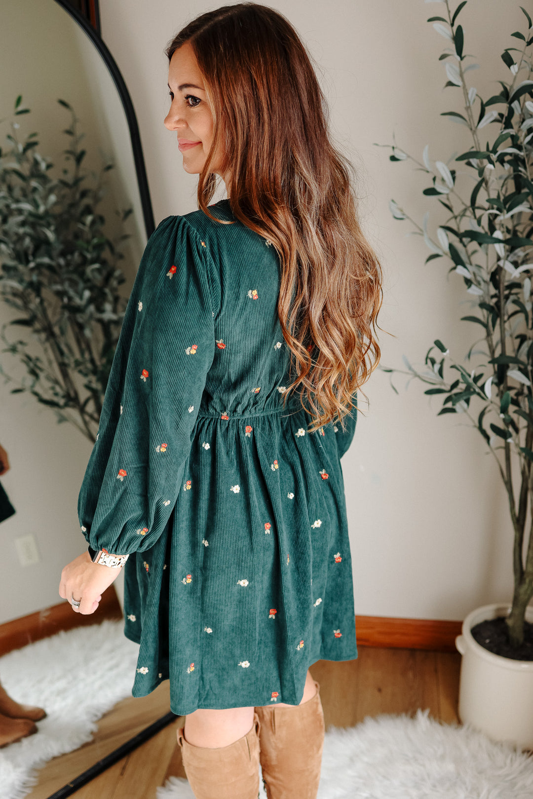 Ivy Embroidered Corduroy Dress - Hunter Green