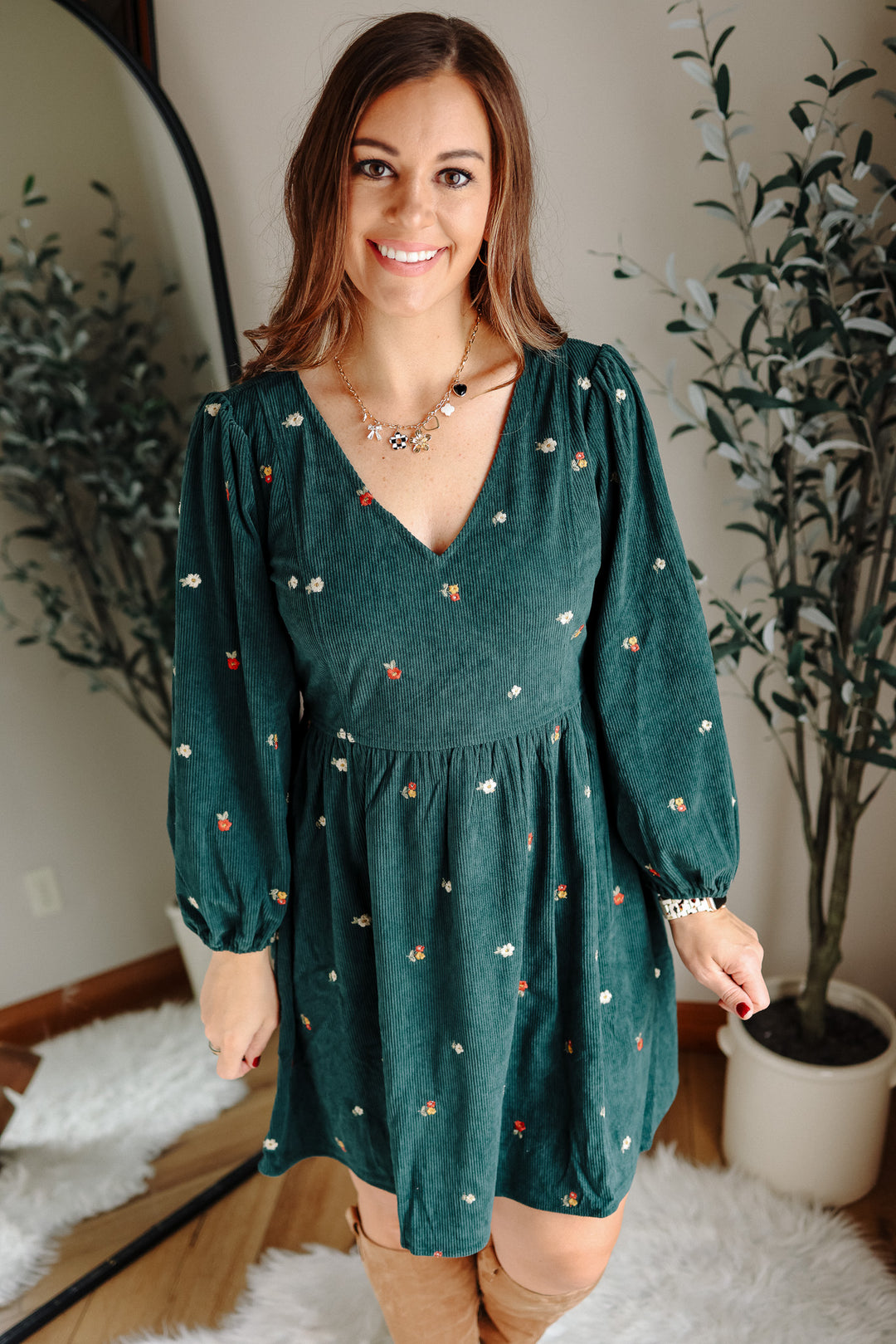 Ivy Embroidered Corduroy Dress - Hunter Green