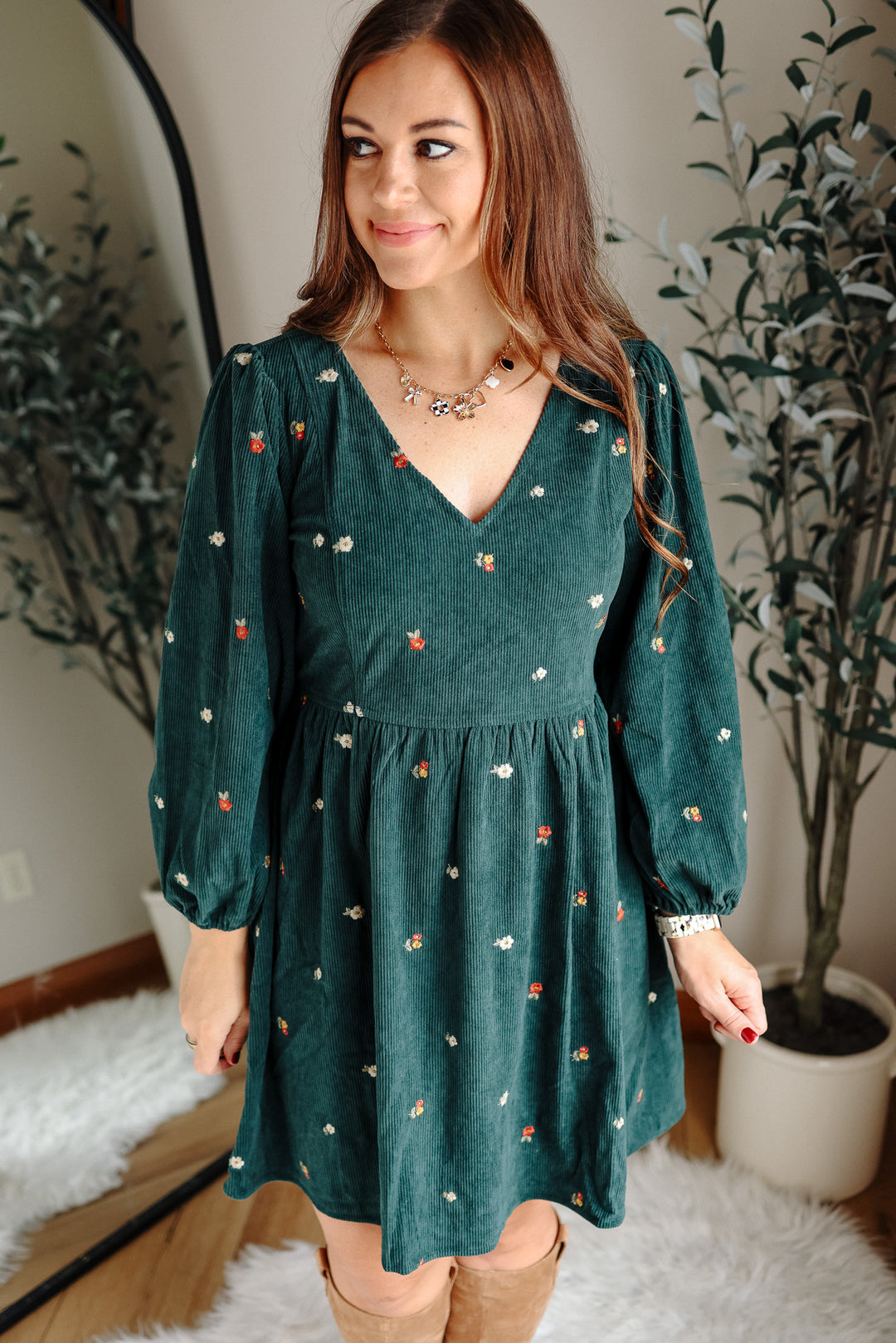 Ivy Embroidered Corduroy Dress - Hunter Green