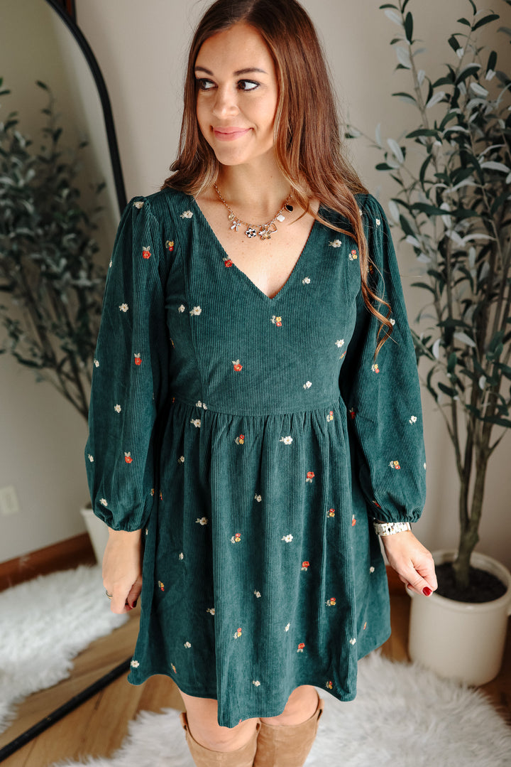 Ivy Embroidered Corduroy Dress - Hunter Green