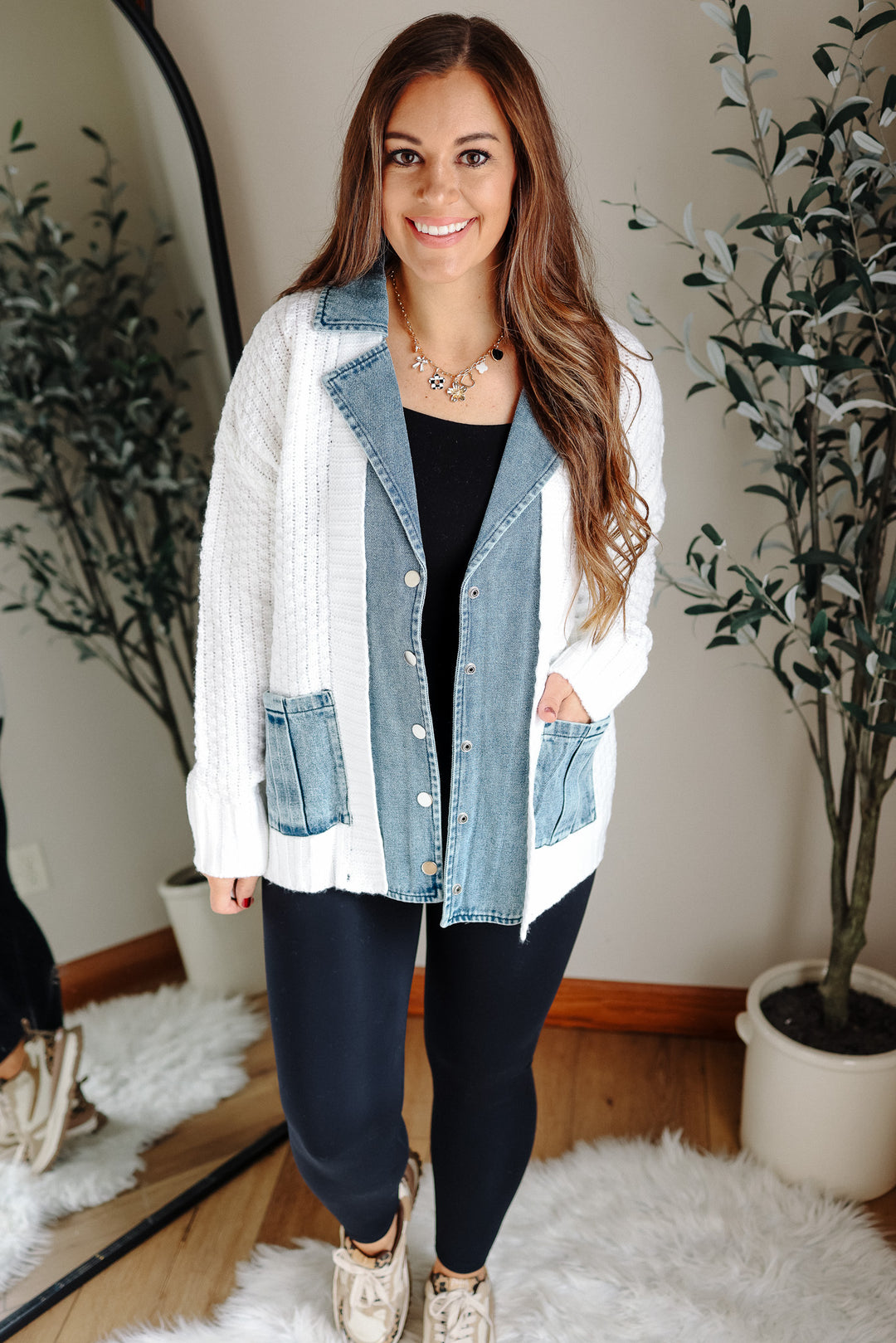 Rielle Denim Contrast Sweater Cardigan - White