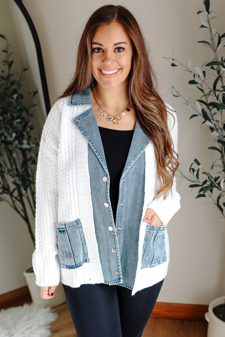 Rielle Denim Contrast Sweater Cardigan - White