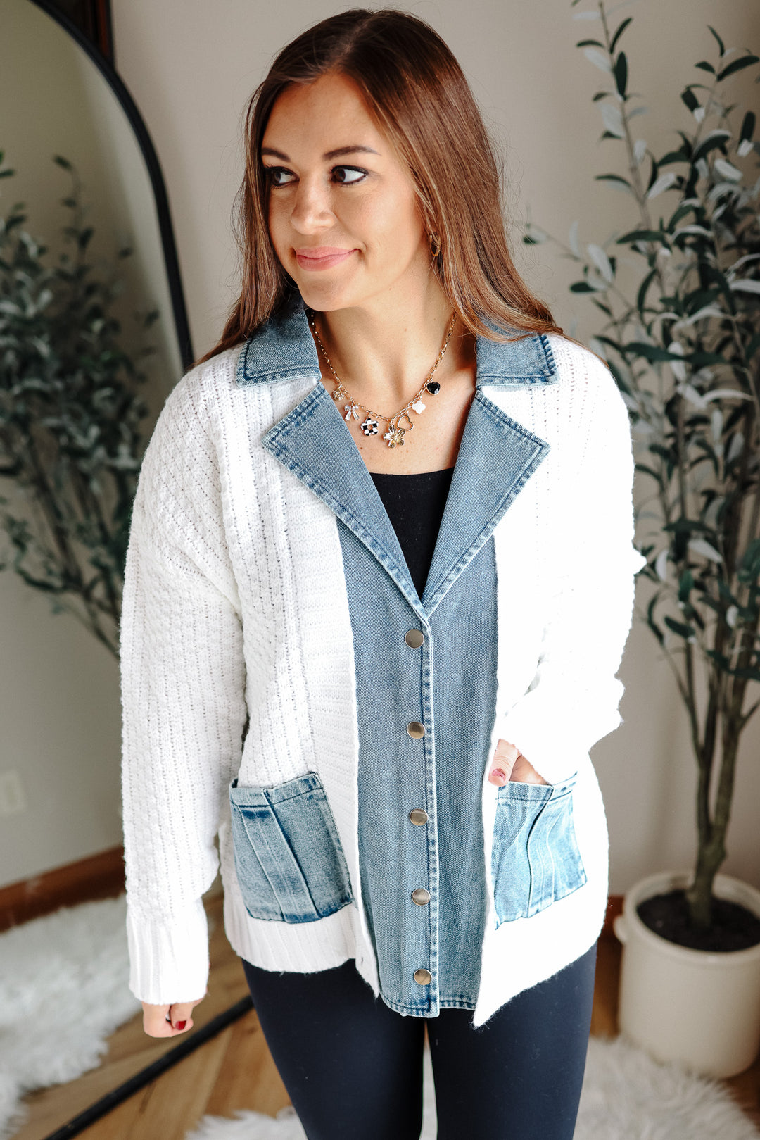 Rielle Denim Contrast Sweater Cardigan - White