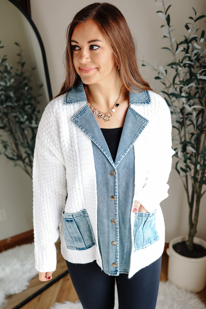 Rielle Denim Contrast Sweater Cardigan - White