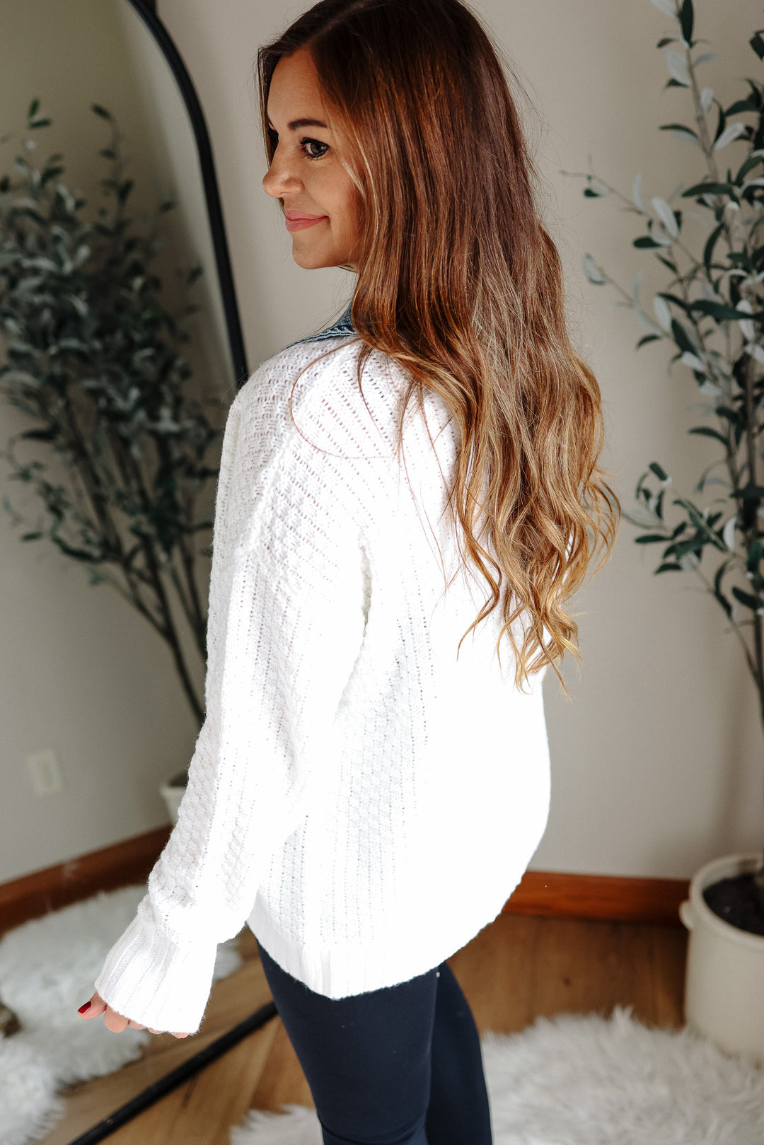 Rielle Denim Contrast Sweater Cardigan - White