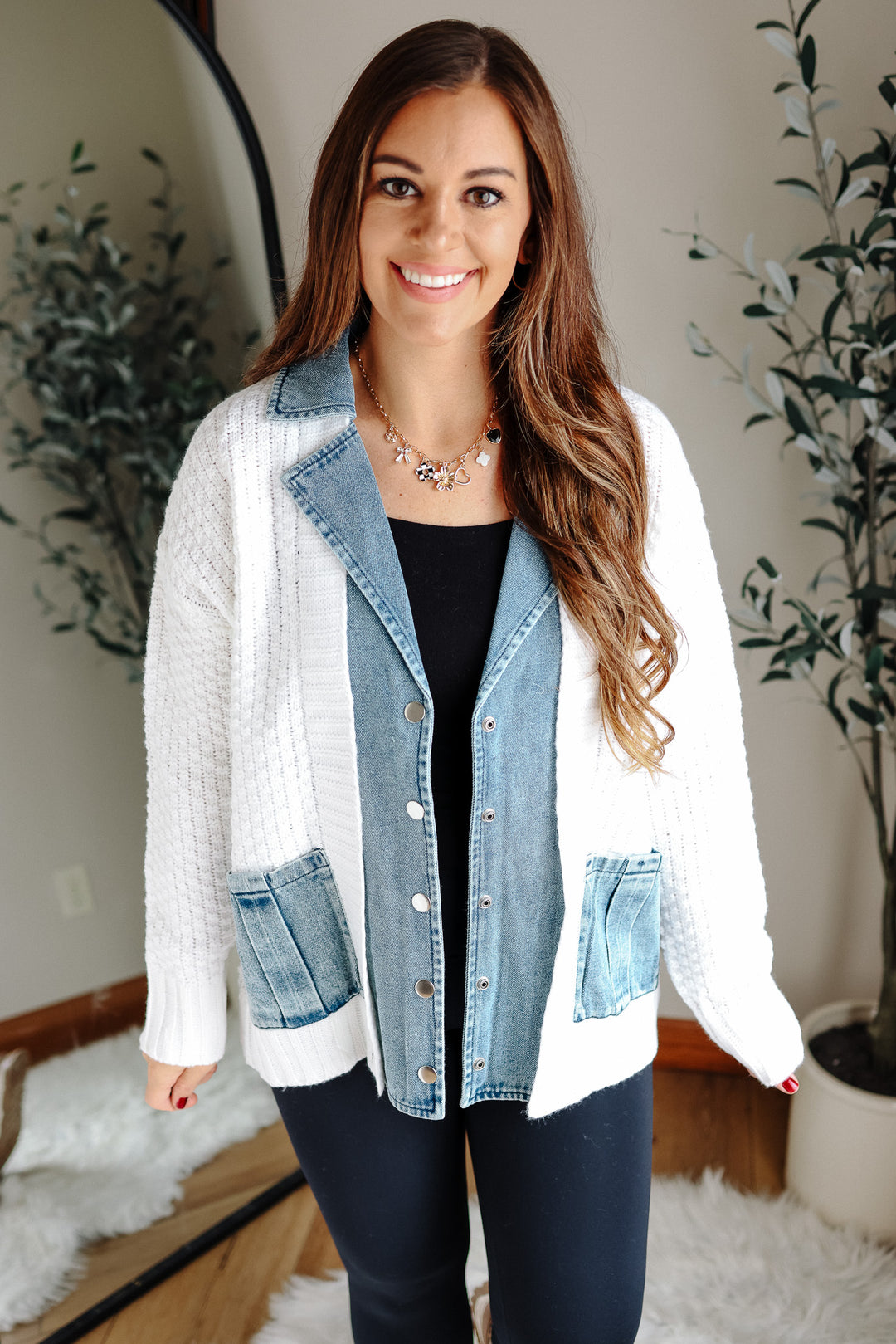Rielle Denim Contrast Sweater Cardigan - White