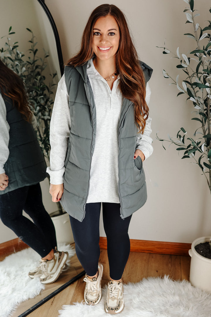 Noah Hooded Duster Puffer Vest - Dusty Green