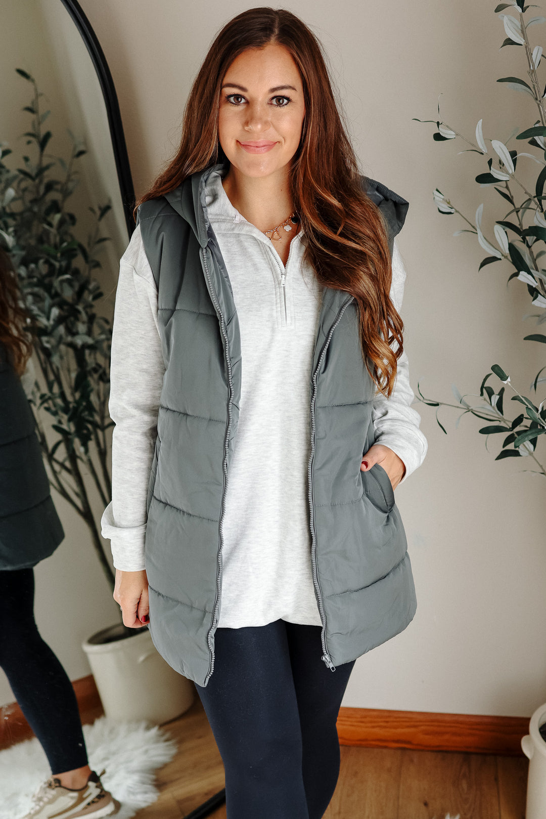 Noah Hooded Duster Puffer Vest - Dusty Green