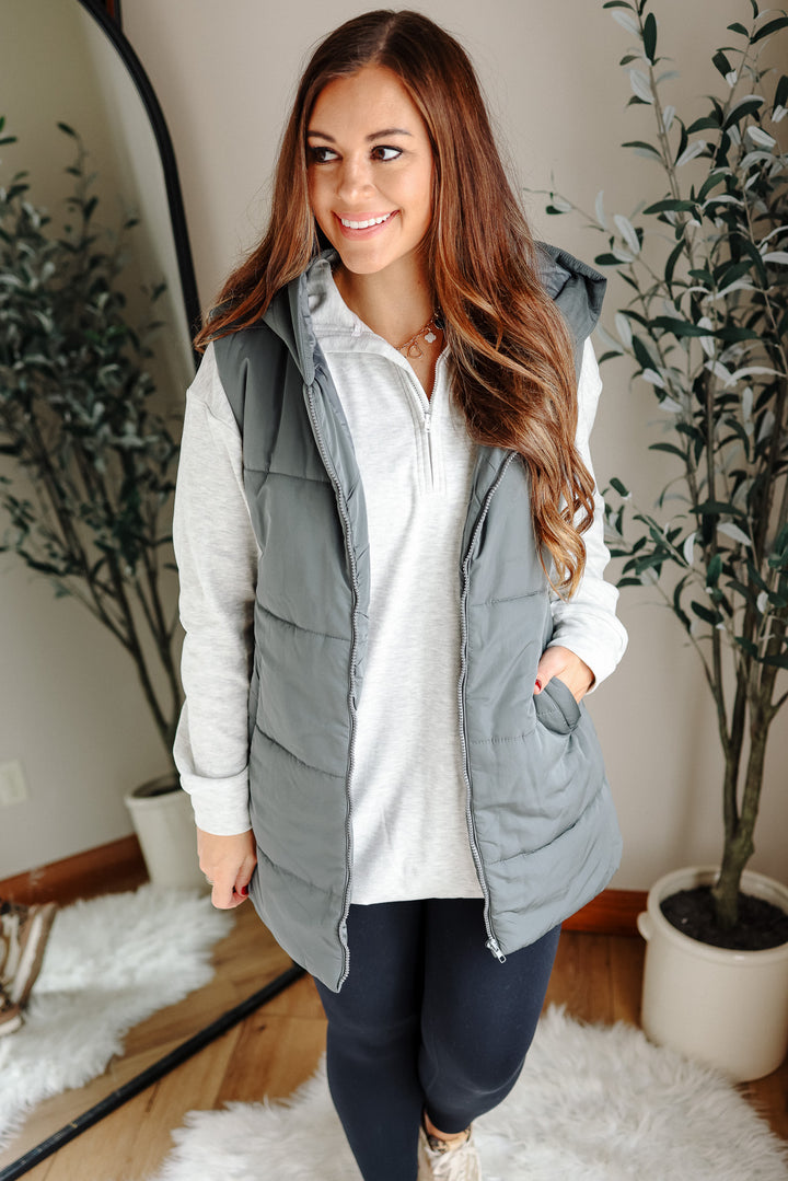 Noah Hooded Duster Puffer Vest - Dusty Green
