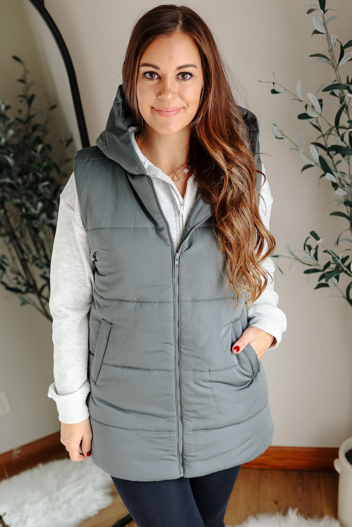 Noah Hooded Duster Puffer Vest - Dusty Green