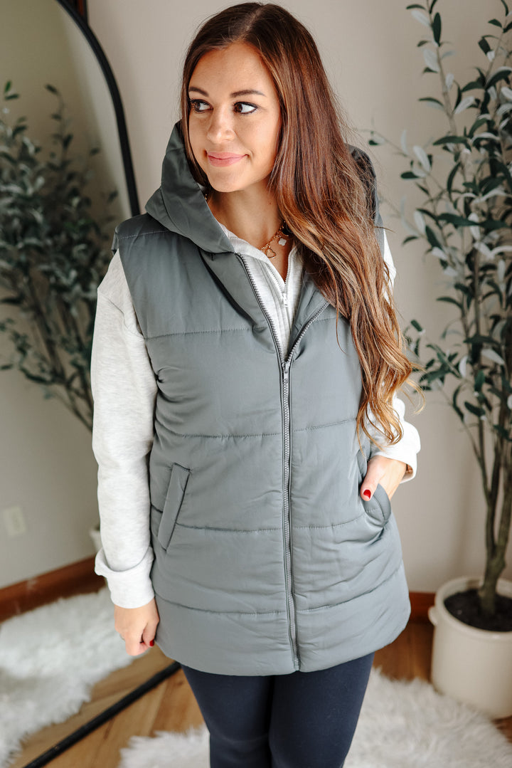Noah Hooded Duster Puffer Vest - Dusty Green