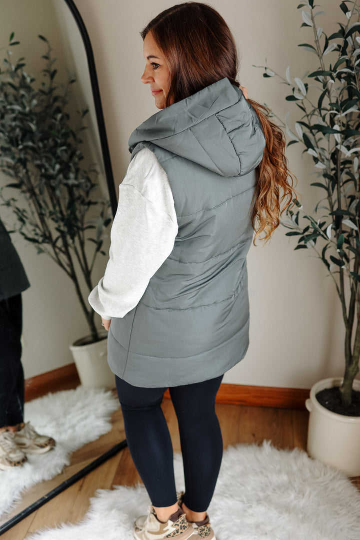 Noah Hooded Duster Puffer Vest - Dusty Green