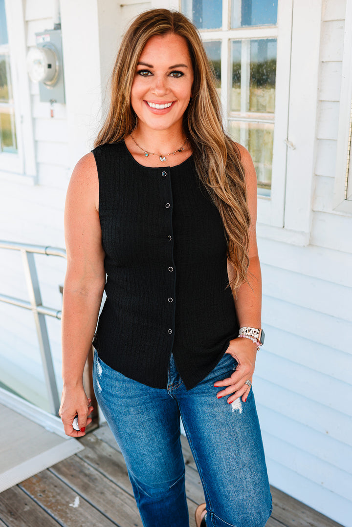 Cleo Texture Button-Down Tank - Black