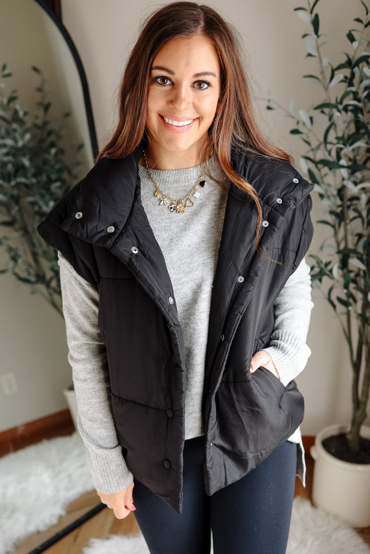 Sammi Snap Button Puffer Vest- Black