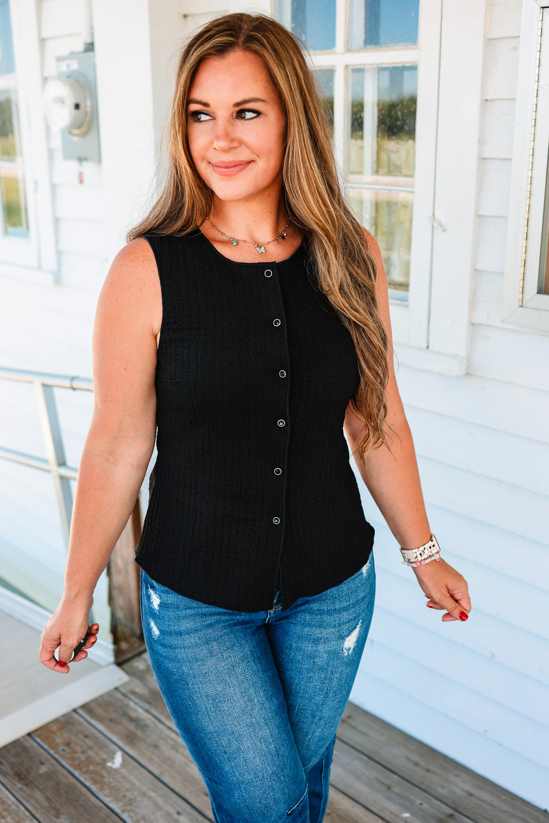 Cleo Texture Button-Down Tank - Black