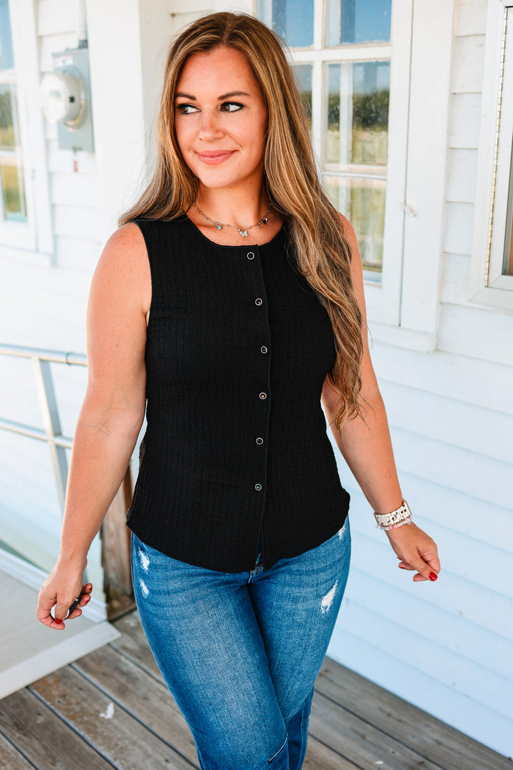 Cleo Texture Button-Down Tank - Black