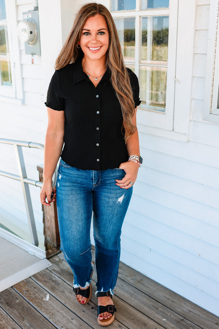 Clara Textured Button Down Top - Black