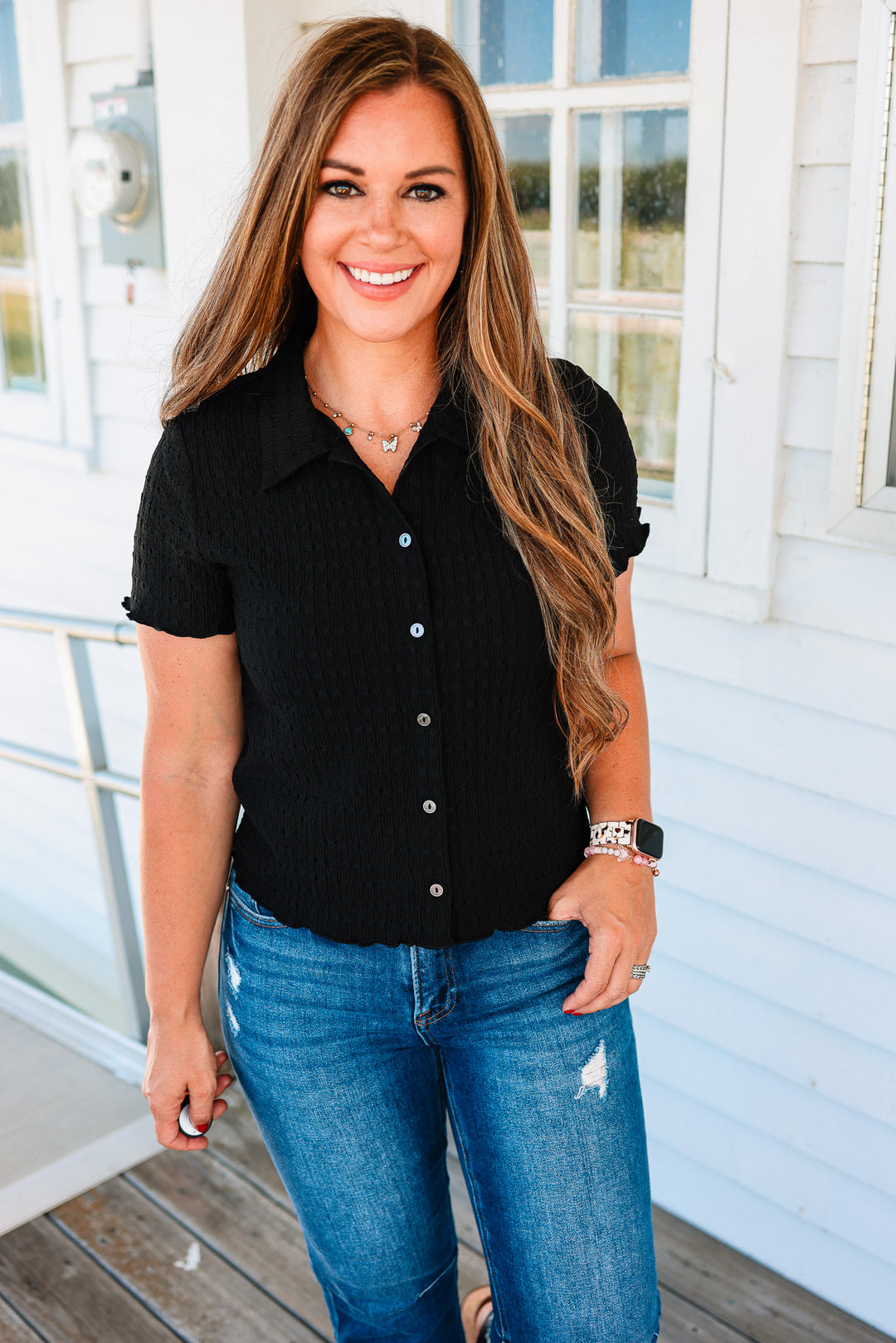 Clara Textured Button Down Top - Black