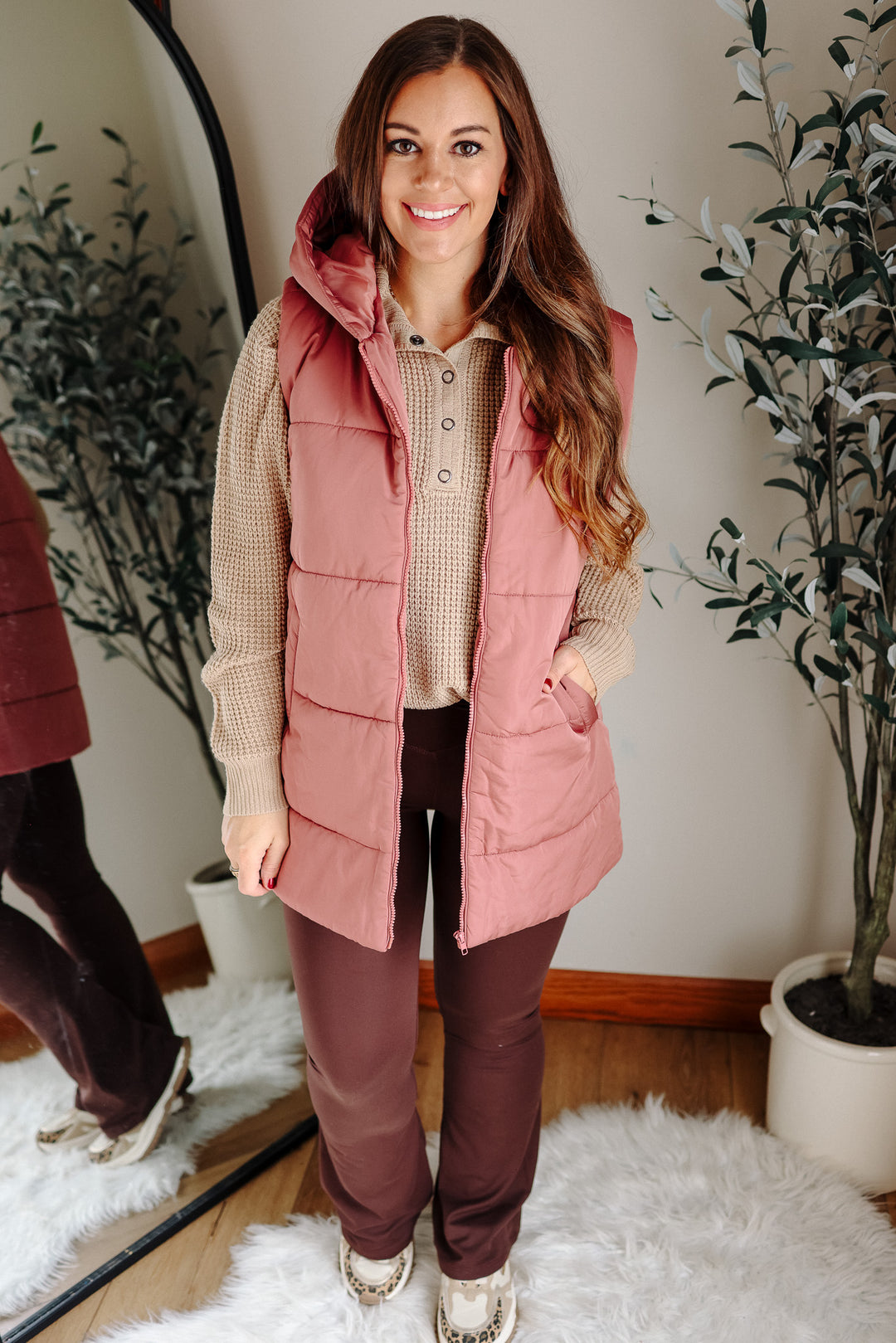 Noah Hooded Duster Puffer Vest - Marsala