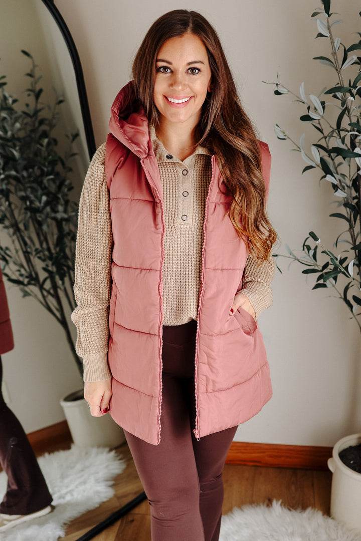 Noah Hooded Duster Puffer Vest - Marsala